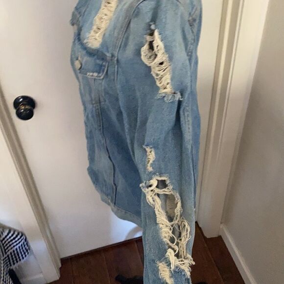 Lovers + Friends Factory Extensive Distressed Ripped Blue Denim Jacket Modern - Picture 10 of 16